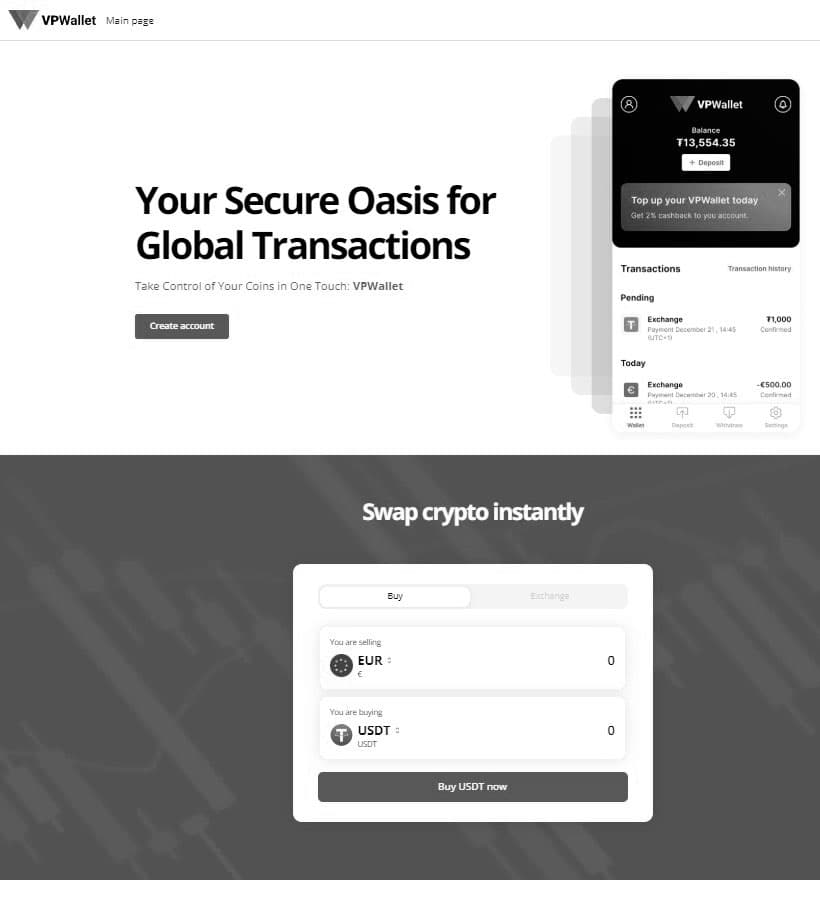 Скриншот промо-страницы vpwallet.io